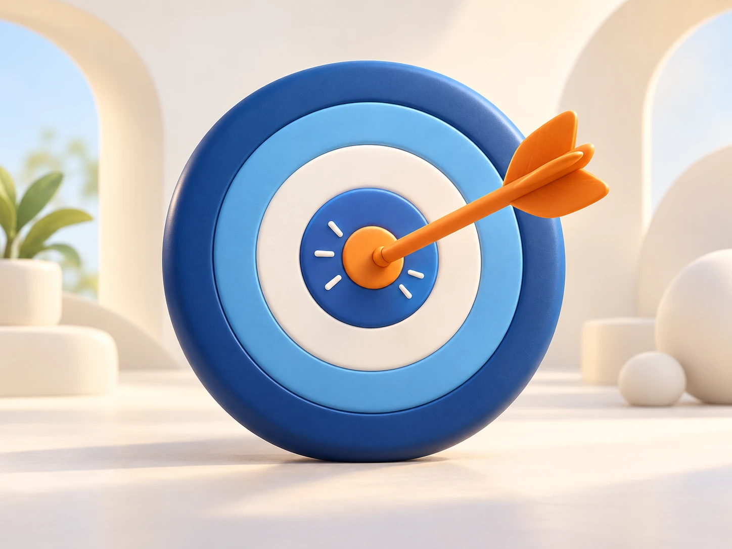 An orange arrow landing in the centre of a blue target, representing purposeful support towards personal goals