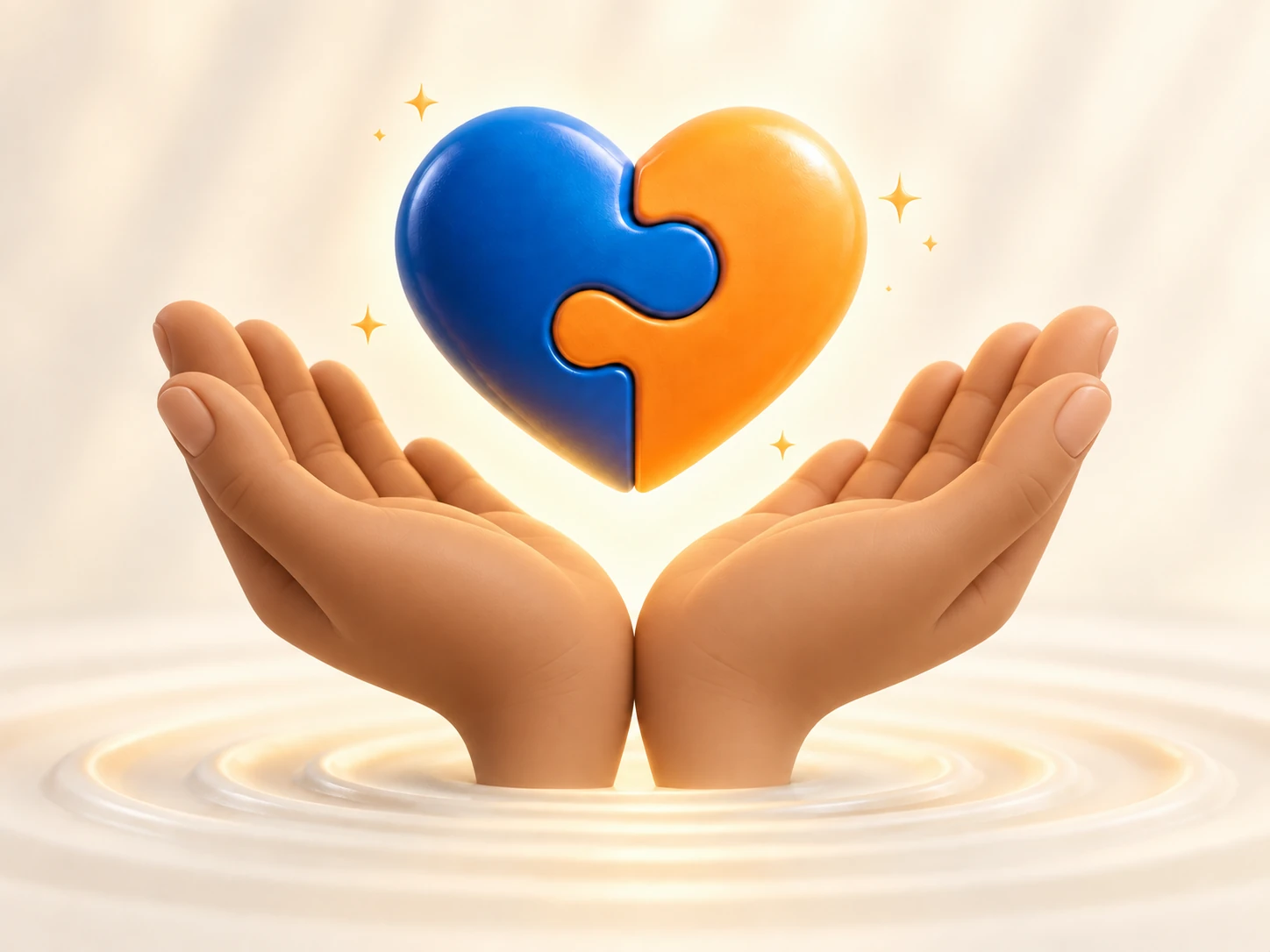 Two matching softly stylised hands with natural palms supporting an interlocking blue and orange heart, representing empathy, dignity and shared support