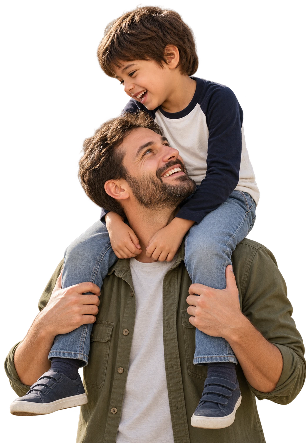 Young child sitting on a support worker's shoulders, sharing a joyful moment
